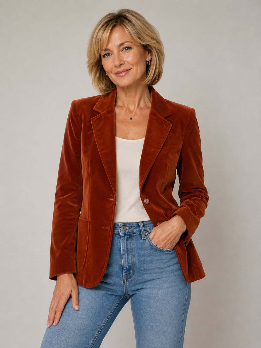 Personal Vintage Rust Orange Velvet Two-Button Blazer Jacket